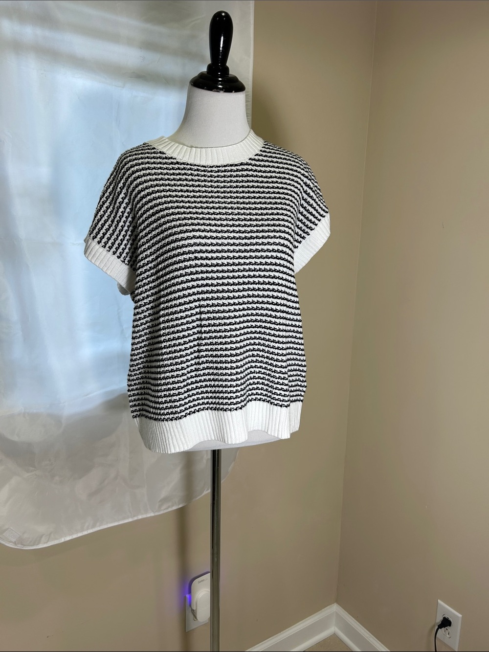 Striped Short-Sleeve Knit Top — Black & White